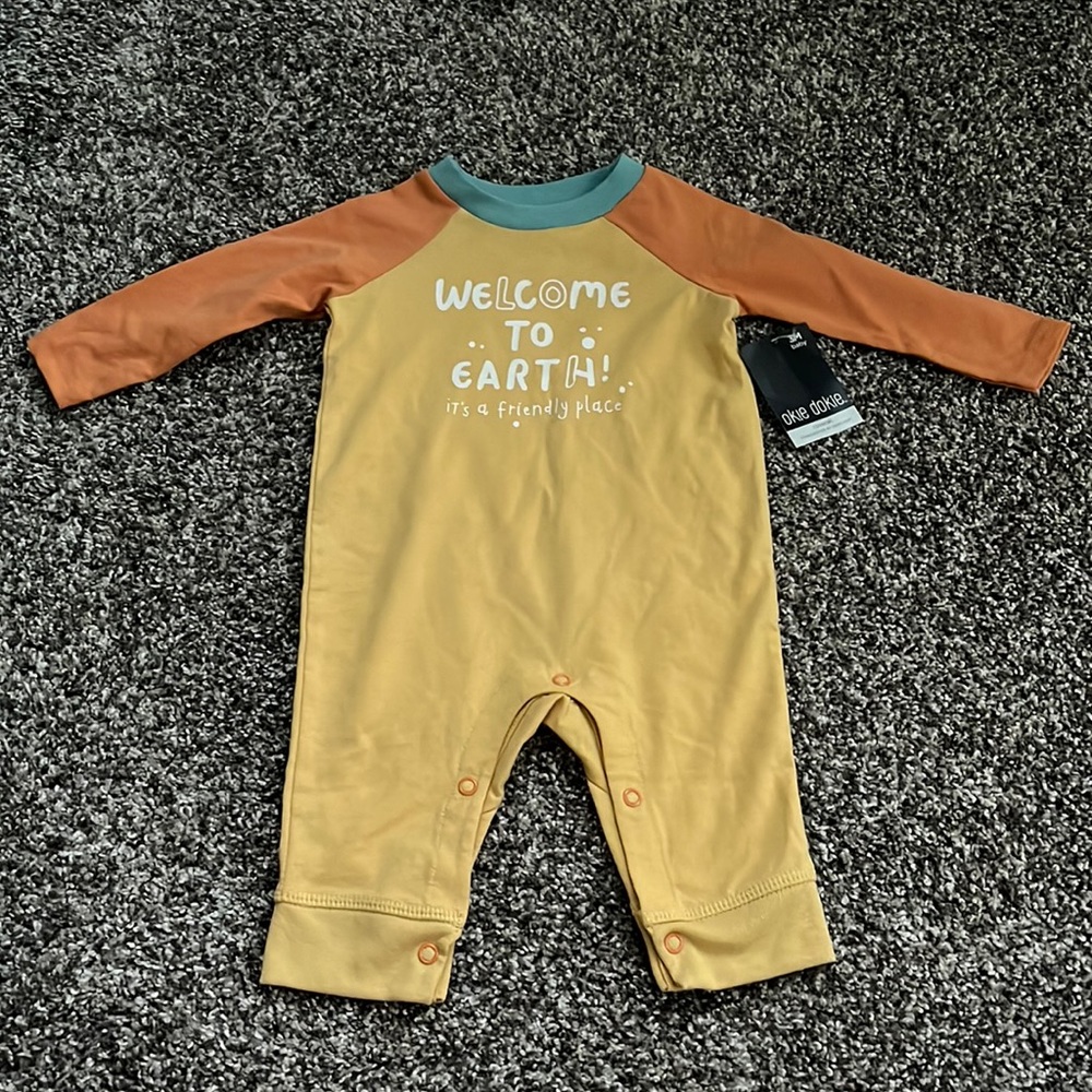 Okie Dokie 3 month infant outfit newborn baby bodysuit romper one piece Earth